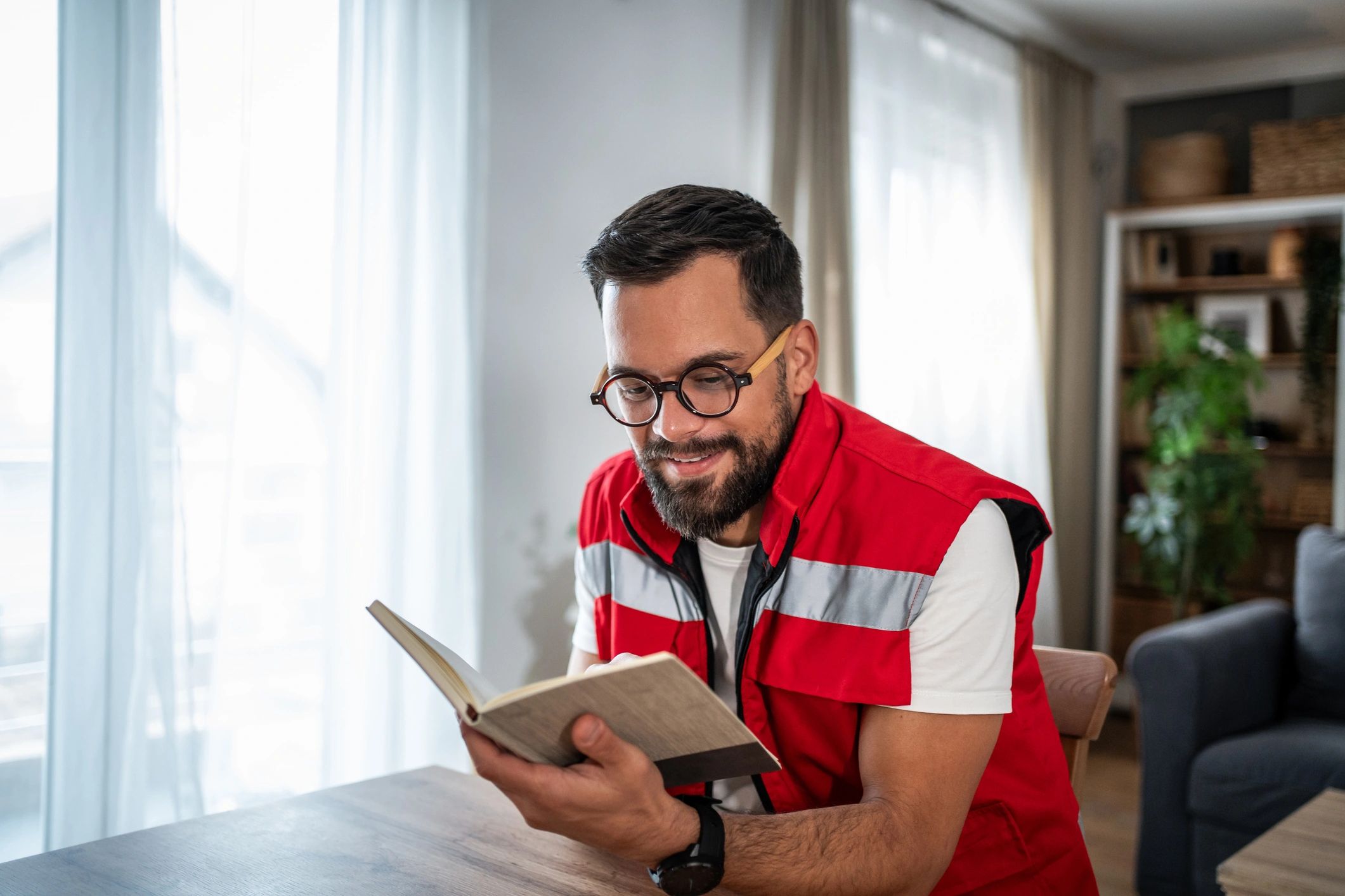 Emergency services professional reading a book